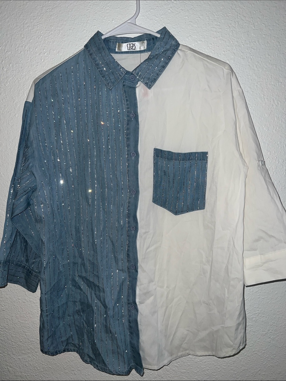 Blue and White Split-Panel women's Shirt